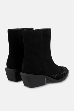 Alma en Pena Saltos|Calçado De Couro-Botim feminina de salto baixo com detalhe de strass Preto