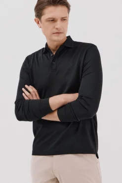 Cortefiel Polos|Camisolas--Regular fit-Piqué fabric-Long sleeve, placket with buttons and embroidered logo on the chest-Shirt cuffs with button-By buying our cotton products, you're supporting our investment in the Better Cotton initiative. This product has bee Preto