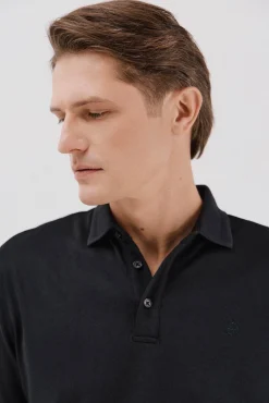 Cortefiel Polos|Camisolas--Regular fit-Piqué fabric-Long sleeve, placket with buttons and embroidered logo on the chest-Shirt cuffs with button-By buying our cotton products, you're supporting our investment in the Better Cotton initiative. This product has bee Preto