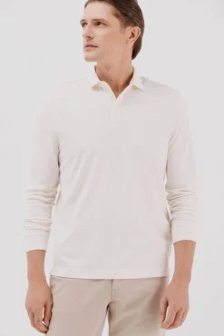 Cortefiel Polos|Camisolas--Regular fit-Piqué fabric-Long sleeve, placket with buttons and embroidered logo on the chest-Shirt cuffs with button-By buying our cotton products, you're supporting our investment in the Better Cotton initiative. This product has bee Ecru