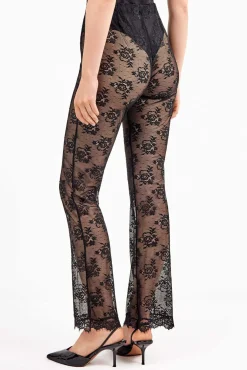 Gisela Calças-Calça comprida elástica delicada de renda floral transparente preto