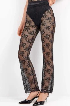 Gisela Calças-Calça comprida elástica delicada de renda floral transparente preto