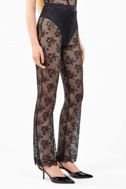 Gisela Calças-Calça comprida elástica delicada de renda floral transparente preto
