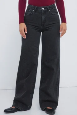 Springfield Jeans-Calça jeans de perna larga com cristais brilhantes preto