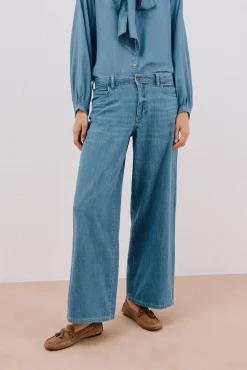 Cortefiel Jeans|Calças-Calça jeans palazzo longa Azul