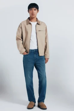 Springfield Jeans-Calça jeans reta com lavagem escura e tingimento excessivo azul