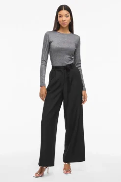 Vila Calças-Calça social de pernas largas com cinto de flores Preto