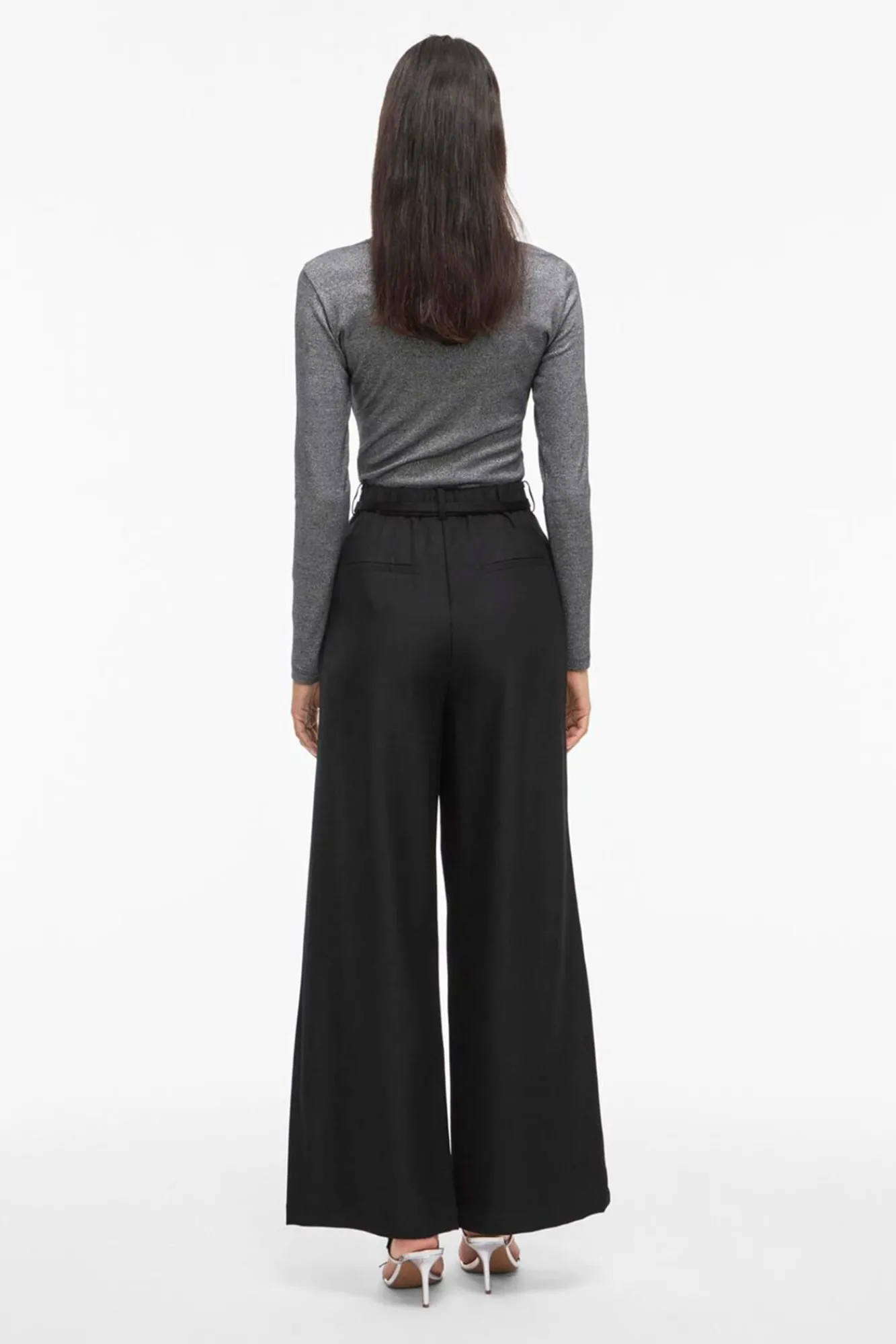 Vila Calças-Calça social de pernas largas com cinto de flores Preto