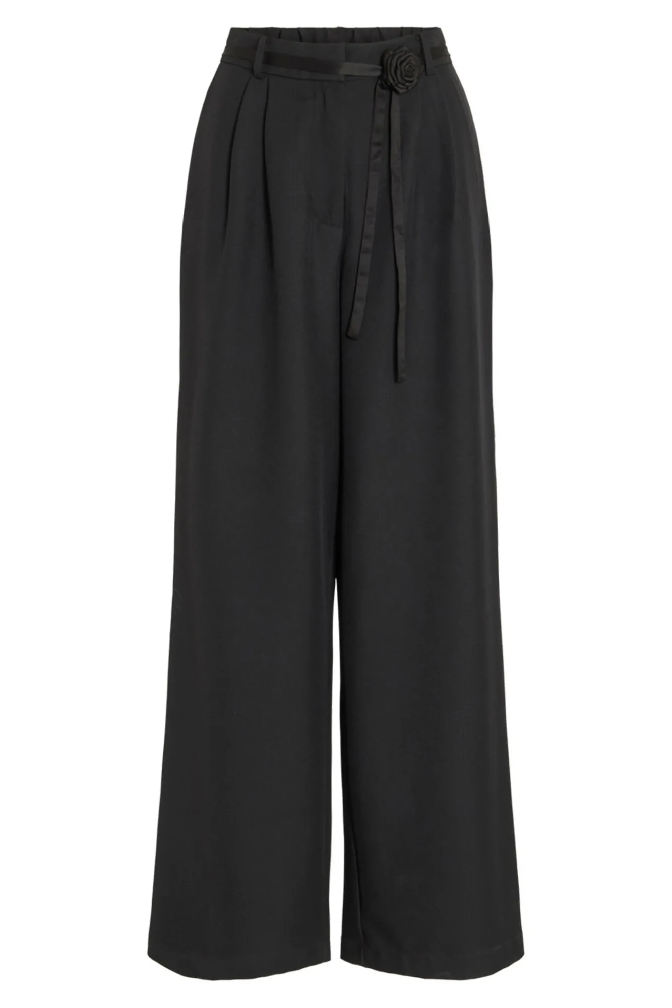 Vila Calças-Calça social de pernas largas com cinto de flores Preto