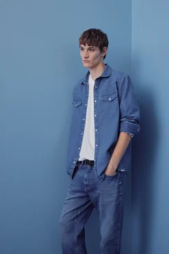 Springfield Calças|Chinos-Calças com lavagem média escura e corte regular azul