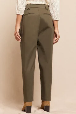 Slowlove Calças-Calças de sarja com presilhas, passantes para cinto, bolsos laterais funcionais, perna, fecho de fecho-éclair e botão oculto Verde