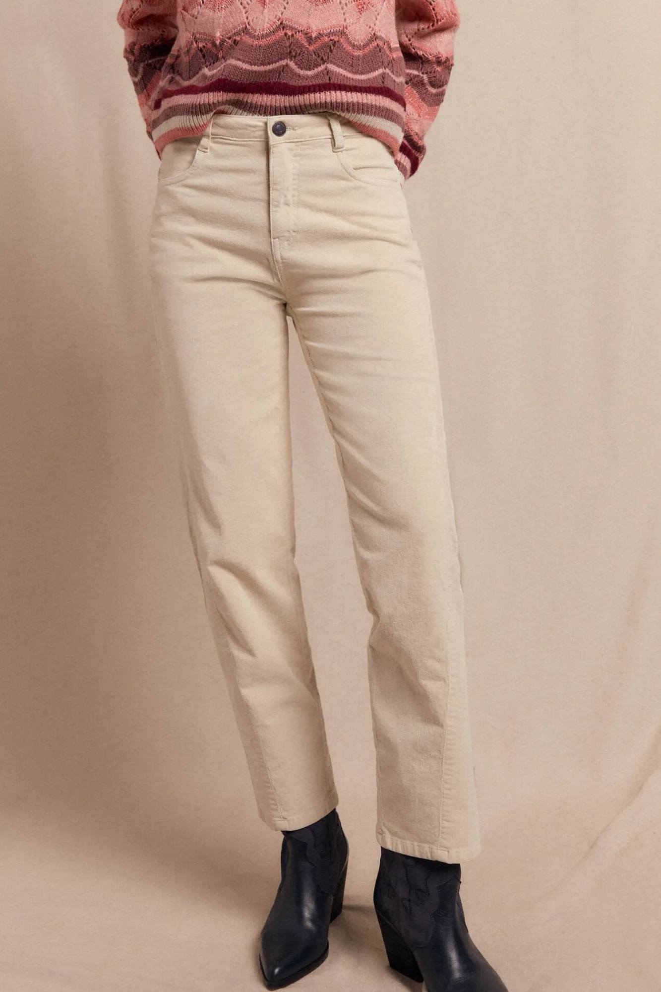 Slowlove Calças-Calças de veludo cotelê Ecru