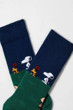 Besocks Meias|Meias-Calcetines altos de SNOOPY de algodón orgánico color azul verde