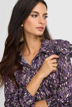 Silbon Blusas-Camisa com babados e estampado Ikat no ombro Roxo