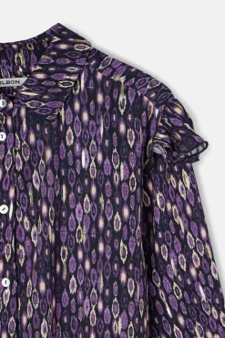 Silbon Blusas-Camisa com babados e estampado Ikat no ombro Roxo