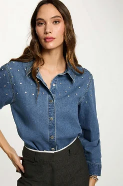 Morgan Blusas-Camisa curta com cabochões Azul