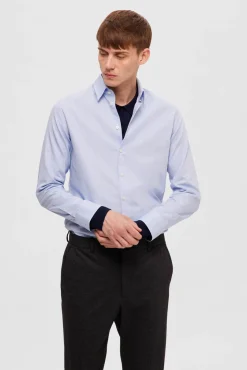 Selected Camisas|Camisas Clássicas-Camisa de algodão orgânico Slim Fit. Azul