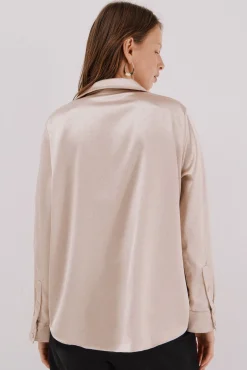 Cortefiel Blusas-Camisa de cetim brilhante Tostado