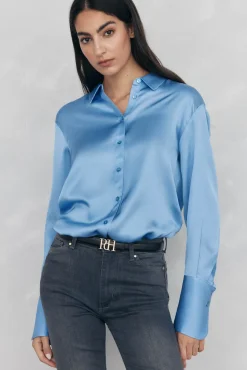 Pedro del Hierro Blusas-Camisa de cetim lisa Azul