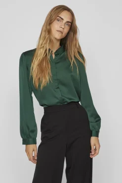 Vila Blusas-Camisa de cetim manga comprida Verde