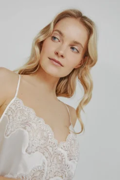 Ivette Bridal Pijamas-Camisa de dormir de cetim com bordados em branco bege