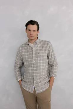 Pedro del Hierro Camisas-Camisa de flanela aos quadrados tecido italiano Beige