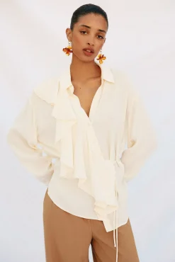 Cortefiel Blusas-Camisa de folho manga comprida com babados Branco