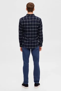 Selected Camisas-Camisa de manga comprida com corte slim Azul