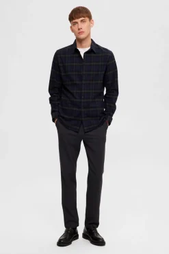 Selected Camisas-Camisa de manga comprida com corte slim Azul