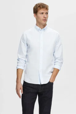 Selected Camisas-Camisa de manga comprida Slim Fit confecionada com algodão reciclado Azul