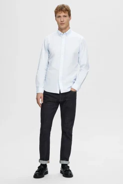 Selected Camisas-Camisa de manga comprida Slim Fit confecionada com algodão reciclado Azul