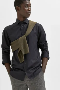 Selected Camisas|Camisas Clássicas-Camisa de manga comprida 100% algodão Preto