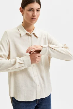 Selected Blusas-Camisa de manga comprida de linho Regular Fit Tostado