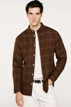 Selected Camisas-Camisa de manga comprida com corte slim Castanho