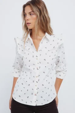 Springfield Blusas-Camisa de veludo cotelê com babados nos ombros cru