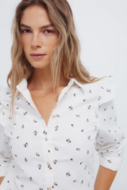 Springfield Blusas-Camisa de veludo cotelê com babados nos ombros cru