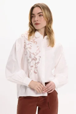 Vila Blusas-Camisa de viscose e algodão com renda Branco