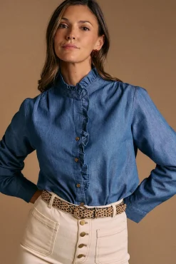 Polín Et Moi Blusas-Camisa denim com babados Javiera Azul
