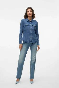 Vero Moda Blusas-Camisa denim com bolsos no peito Azul