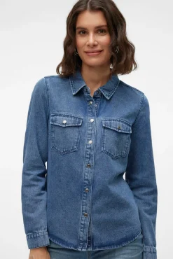 Vero Moda Blusas-Camisa denim com bolsos no peito Azul