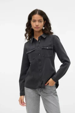 Vero Moda Blusas-Camisa denim com bolsos no peito Preto