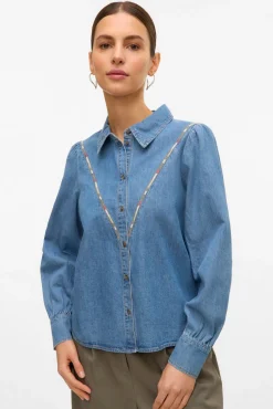 Vero Moda Blusas-Camisa denim com detalhe bordado Azul