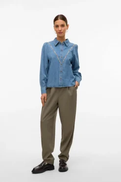 Vero Moda Blusas-Camisa denim com detalhe bordado Azul