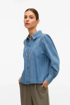 Vero Moda Blusas-Camisa denim com detalhe bordado Azul