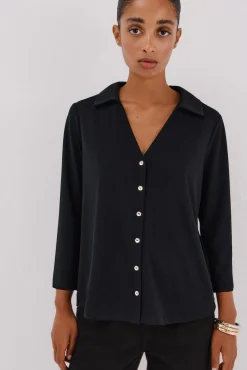 Cortefiel Blusas-Camisa elástica com botões Preto