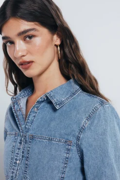 Springfield Blusas-Camisa jeans com bolsos azul