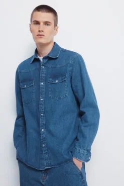 Springfield Camisas-Camisa jeans com cintado = entallado azul