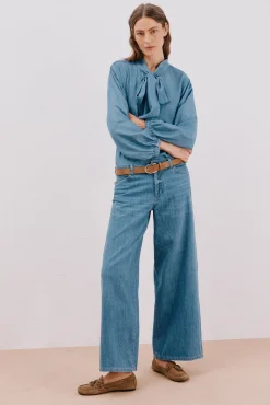 Cortefiel Blusas-Camisa jeans com laço Azul