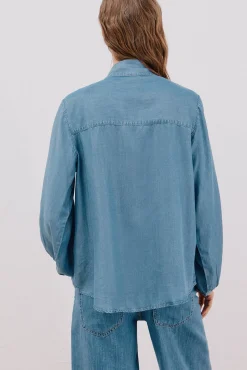 Cortefiel Blusas-Camisa jeans com laço Azul