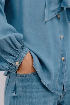 Cortefiel Blusas-Camisa jeans com laço Azul